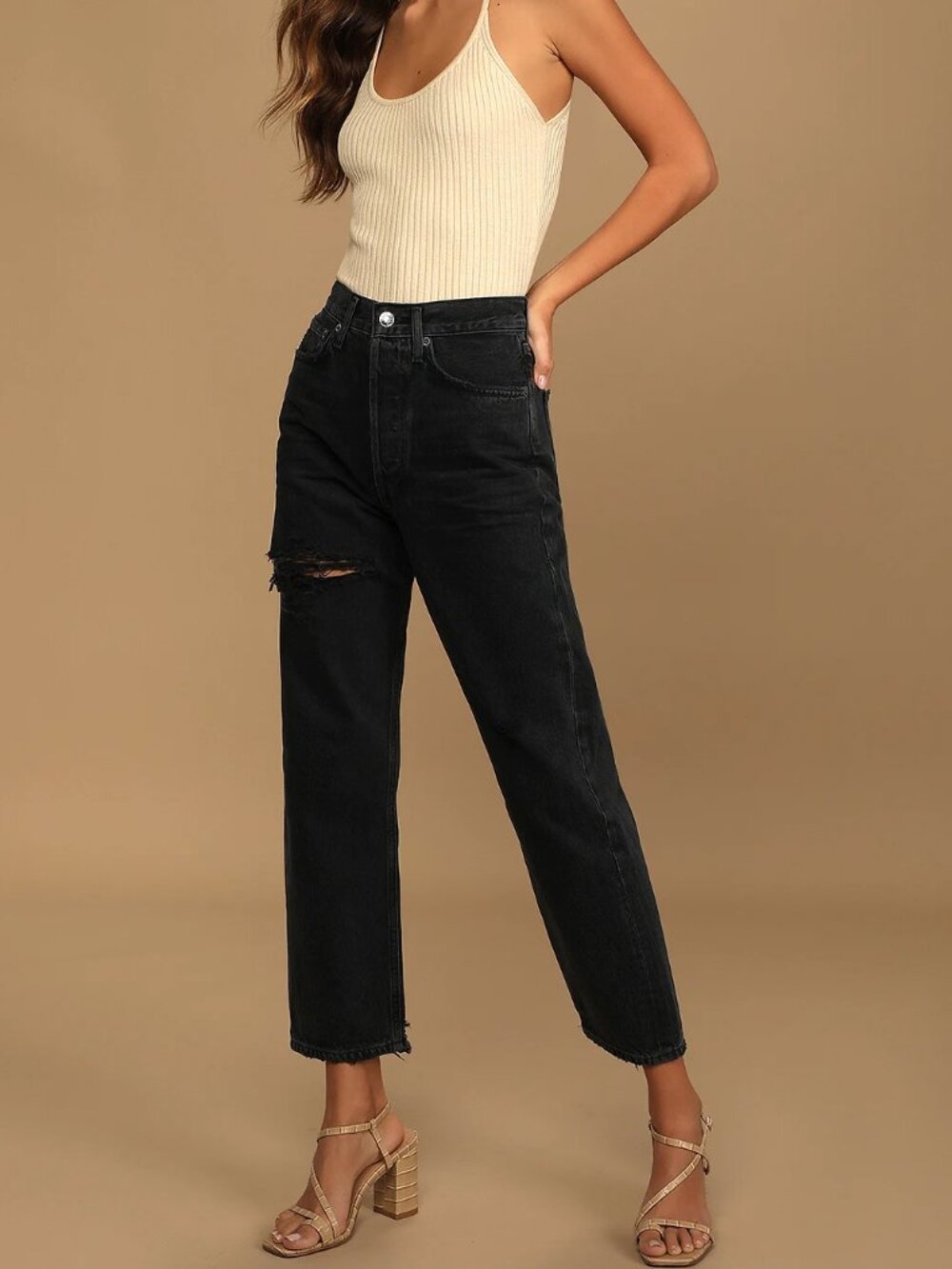 AGOLDE 90s Crop Washed Black Distressed Denim Straight Jeans